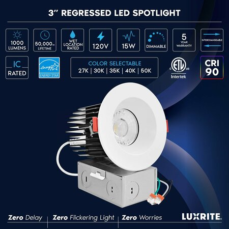 Luxrite 3 Inch LED Recessed Lights 5CCT 2700K-5000K 15W 1000LM Dimmable IC Rated Interchangeable Trim, 4PK LR25100 LR25102-4PK